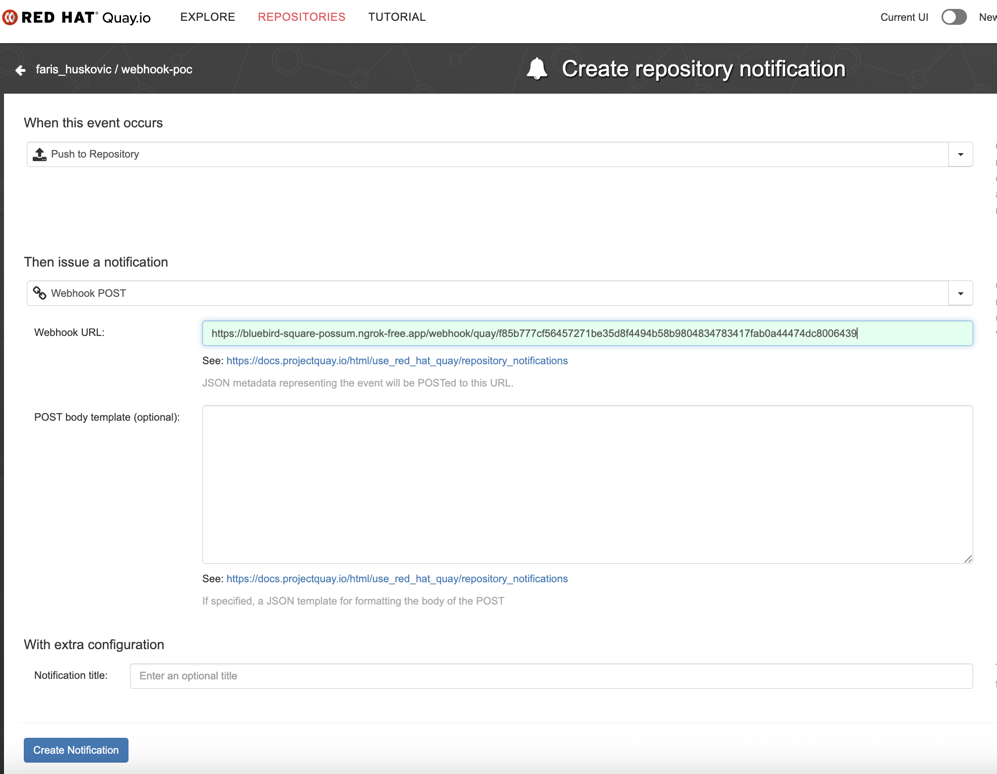 Create Repository Notification Form Create Repository Notification Form